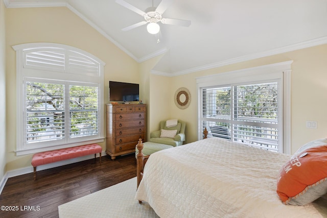 bedroom with vaulted ceiling, dark hardwood / wood-style floors, ceiling fan, and ornamental molding