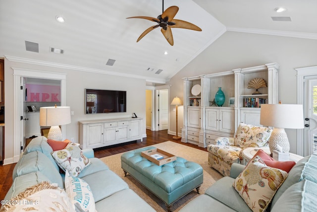 living room featuring lofted ceiling, ornamental molding, dark hardwood / wood-style floors, and ceiling fan