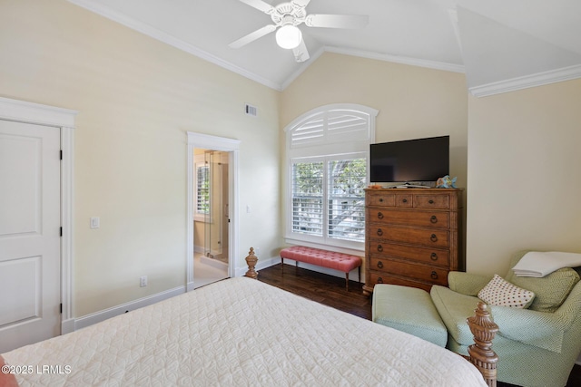 bedroom featuring ornamental molding, vaulted ceiling, dark wood-type flooring, and ceiling fan