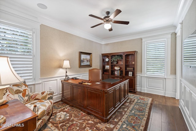 office space with crown molding, ceiling fan, and dark hardwood / wood-style flooring