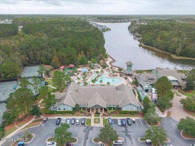 bird's eye view with a water view