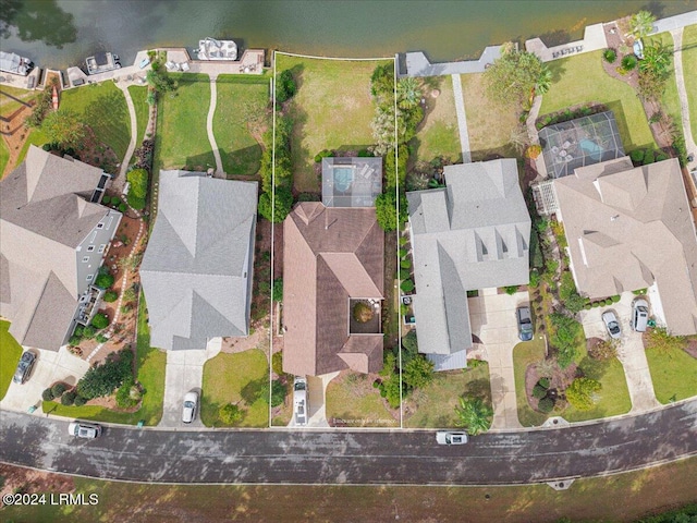 drone / aerial view featuring a water view