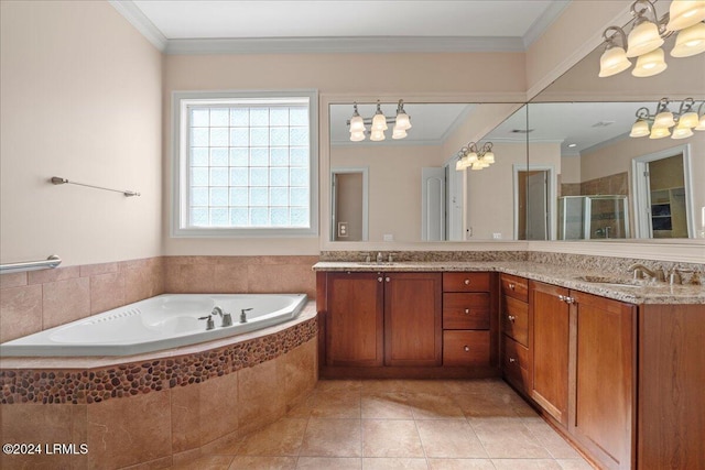 bathroom with crown molding, vanity, tile patterned floors, and plus walk in shower