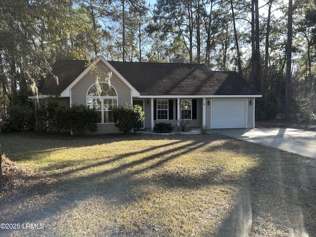 view of front of house featuring a garage, concrete driveway, a front lawn, and a chimney