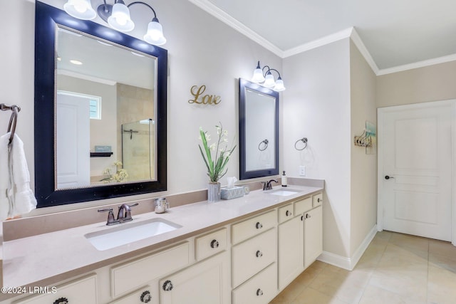 bathroom featuring walk in shower, ornamental molding, tile patterned floors, and vanity