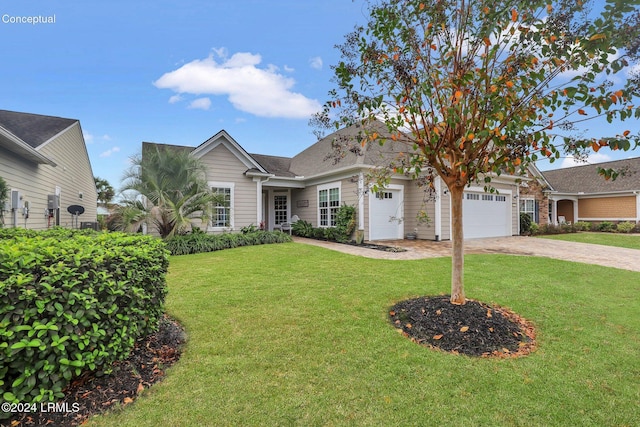 view of front of house with a garage and a front lawn