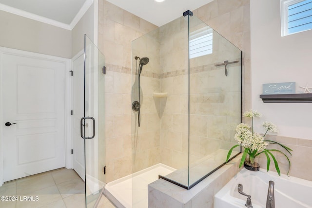 bathroom with crown molding, independent shower and bath, and tile patterned flooring