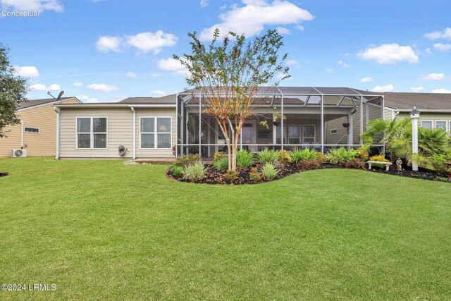 back of house featuring glass enclosure and a lawn