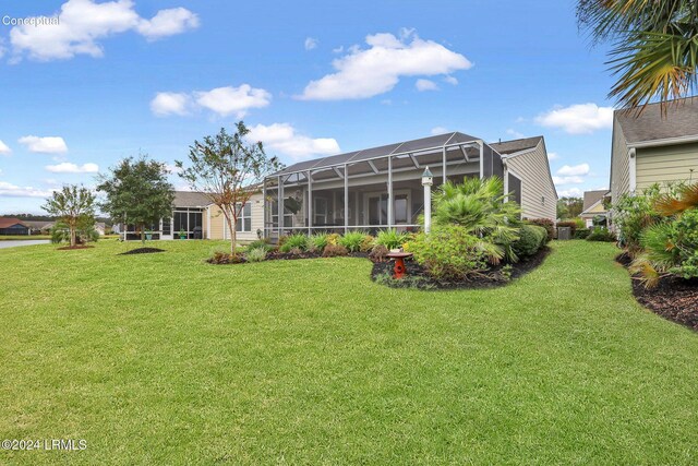 rear view of property with a lanai and a yard