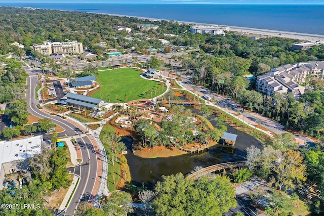 aerial view featuring a water view