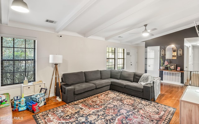 living room with hardwood / wood-style flooring, plenty of natural light, ceiling fan, and lofted ceiling with beams