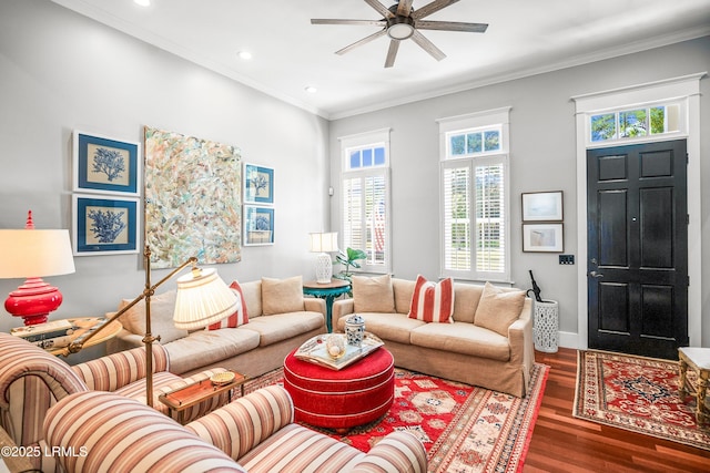 22 Harford Unit B, Beaufort, SC 29906 - living area featuring plenty of natural light, a ceiling fan, wood finished floors, ornamental molding, and recessed lighting