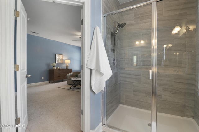 587 Hulston Landing Rd, Bluffton, SC 29909 - bathroom with a shower stall and a ceiling fan