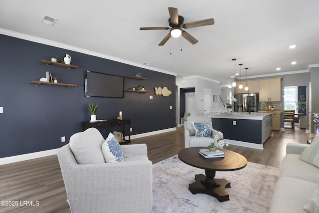 587 Hulston Landing Rd, Bluffton, SC 29909 - living room featuring ceiling fan, wood finished floors, ornamental molding, and recessed lighting