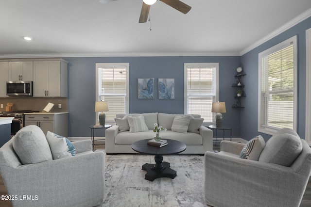 587 Hulston Landing Rd, Bluffton, SC 29909 - living area with crown molding, healthy amount of natural light, ceiling fan, and wood finished floors