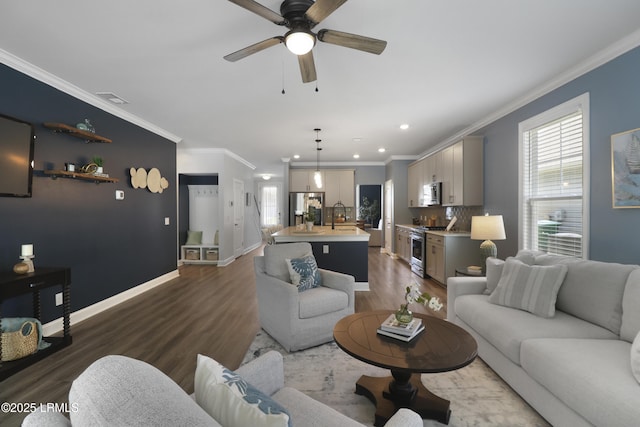 587 Hulston Landing Rd, Bluffton, SC 29909 - living area featuring a ceiling fan, dark wood-type flooring, ornamental molding, and recessed lighting