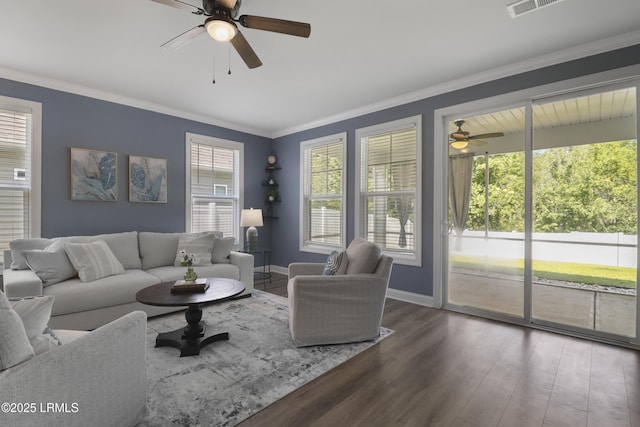 587 Hulston Landing Rd, Bluffton, SC 29909 - living area featuring a ceiling fan, wood finished floors, and ornamental molding
