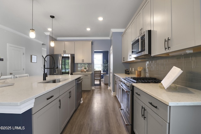 587 Hulston Landing Rd, Bluffton, SC 29909 - kitchen with stainless steel appliances, crown molding, gray cabinets, recessed lighting, and decorative backsplash