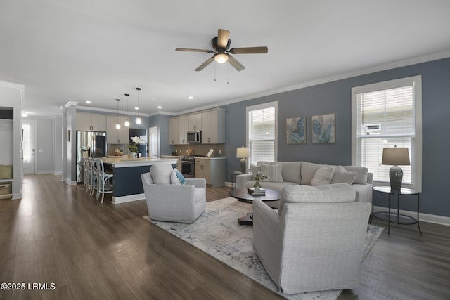587 Hulston Landing Rd, Bluffton, SC 29909 - living room featuring ceiling fan, ornamental molding, recessed lighting, and dark wood-type flooring