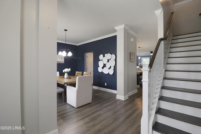 587 Hulston Landing Rd, Bluffton, SC 29909 - stairs with wood finished floors, crown molding, and a chandelier