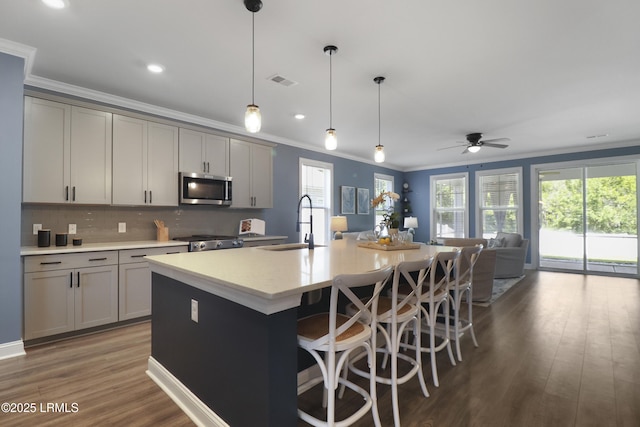 587 Hulston Landing Rd, Bluffton, SC 29909 - kitchen featuring stainless steel microwave, stove, ornamental molding, gray cabinetry, and wood finished floors