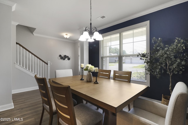 587 Hulston Landing Rd, Bluffton, SC 29909 - dining area featuring a chandelier, healthy amount of natural light, crown molding, dark wood-style floors, and stairway