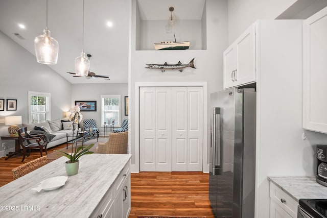 1 William St, Beaufort, SC 29907 - kitchen with high vaulted ceiling, visible vents, appliances with stainless steel finishes, and wood finished floors
