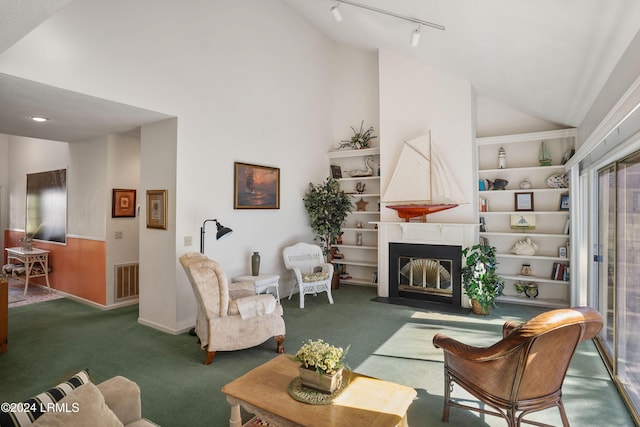 living room featuring dark carpet, rail lighting, and vaulted ceiling