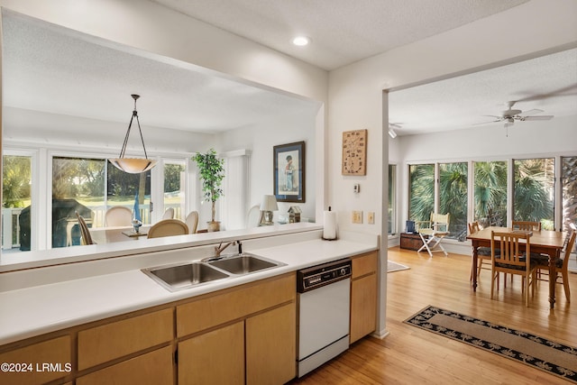 kitchen featuring decorative light fixtures, dishwasher, sink, a textured ceiling, and light wood-type flooring