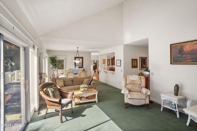 carpeted living room with high vaulted ceiling