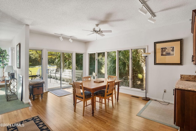 sunroom featuring rail lighting and ceiling fan