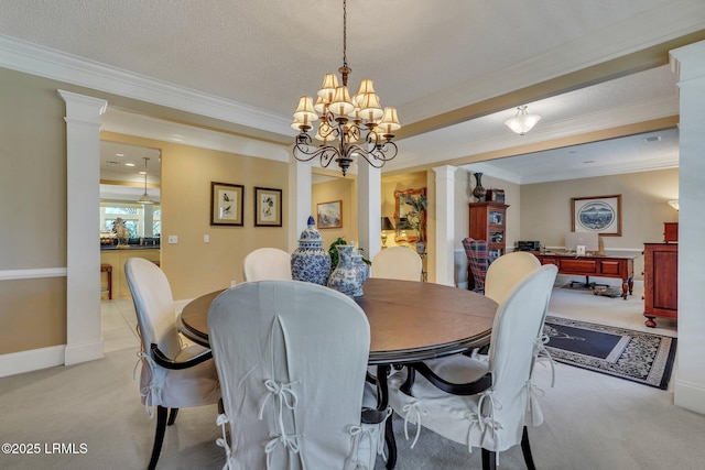 dining space with light carpet, crown molding, and ornate columns