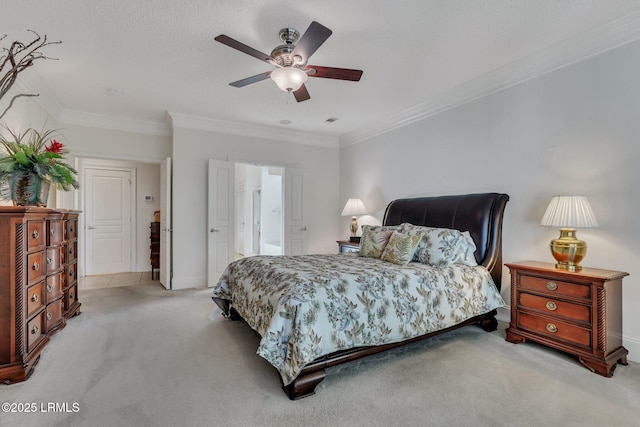 carpeted bedroom with crown molding, a textured ceiling, and ceiling fan