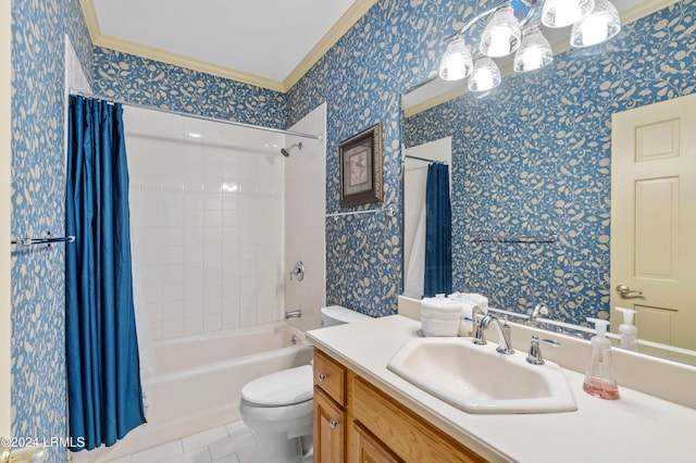 full bathroom featuring tile patterned flooring, vanity, ornamental molding, toilet, and shower / bath combo with shower curtain