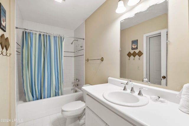 full bathroom featuring shower / bath combination with curtain, vanity, toilet, and tile patterned flooring