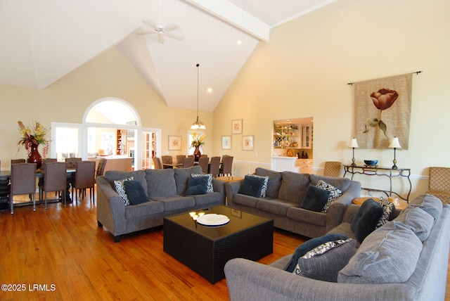101 Ocean Point Dr, Fripp Island, SC 29920 - living area featuring high vaulted ceiling, wood finished floors, a ceiling fan, beamed ceiling, and recessed lighting