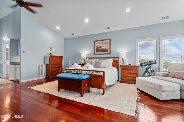 bedroom with wood-type flooring, baseboards, high vaulted ceiling, and recessed lighting