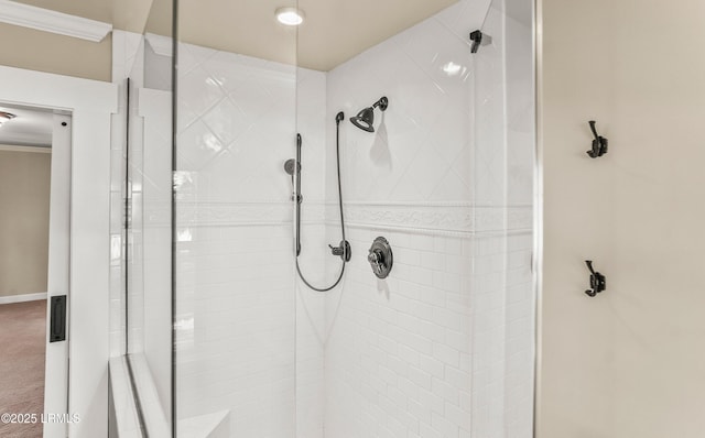 83 Sunset Blvd, Beaufort, SC 29907 - bathroom featuring a shower stall and crown molding