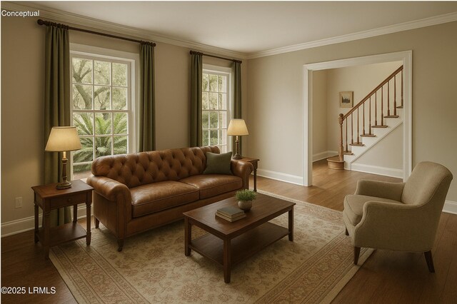83 Sunset Blvd, Beaufort, SC 29907 - living room featuring ornamental molding, stairs, wood finished floors, and baseboards