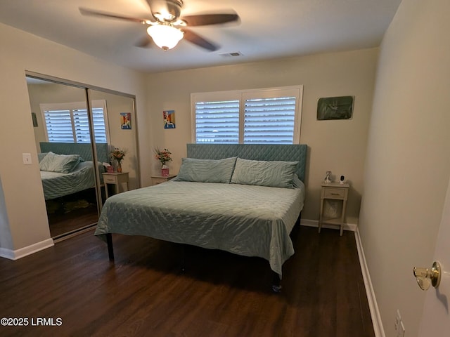 bedroom featuring dark hardwood / wood-style floors, ceiling fan, and a closet