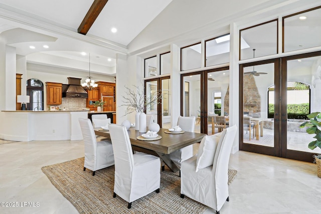 dining room featuring beam ceiling, high vaulted ceiling, recessed lighting, french doors, and a chandelier