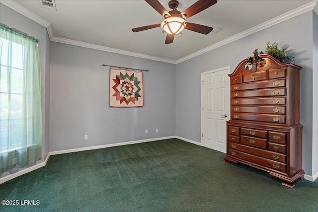 52 Summerplace Dr, Bluffton, SC 29909 - unfurnished bedroom featuring dark colored carpet, ornamental molding, baseboards, and a ceiling fan
