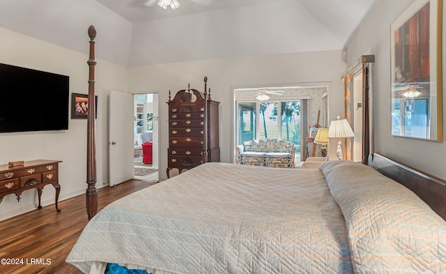 bedroom featuring ceiling fan, lofted ceiling, and dark hardwood / wood-style floors