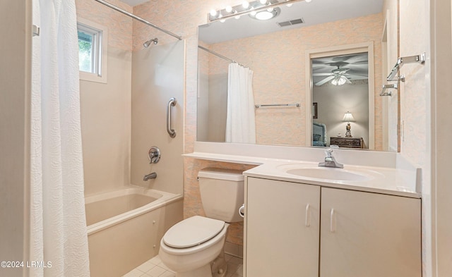 full bathroom featuring shower / bathtub combination with curtain, vanity, tile patterned flooring, and toilet