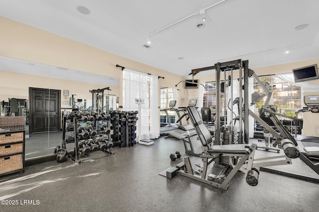 workout area with track lighting