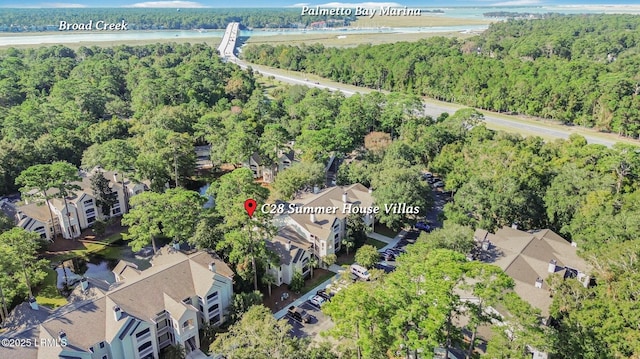 bird's eye view with a water view