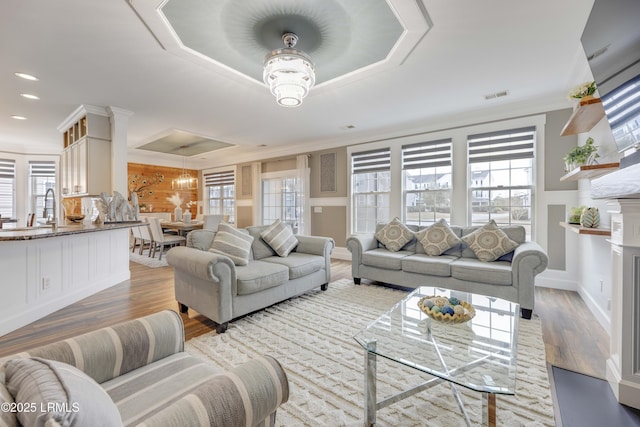 living room with sink, crown molding, light hardwood / wood-style floors, and a raised ceiling