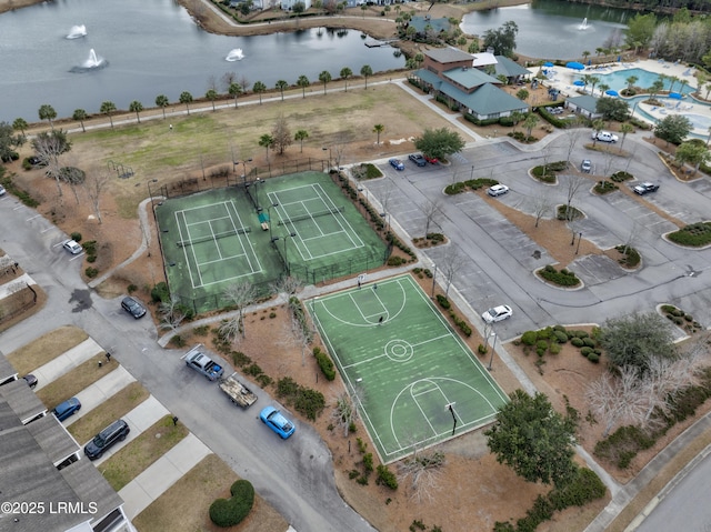 drone / aerial view with a water view