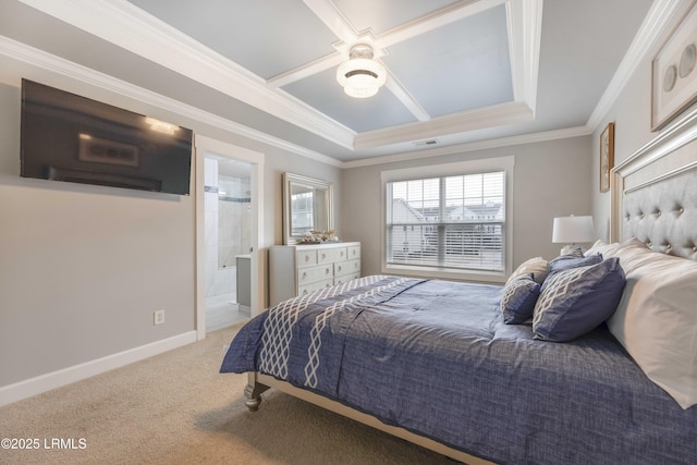 carpeted bedroom with ensuite bathroom, ornamental molding, and ceiling fan