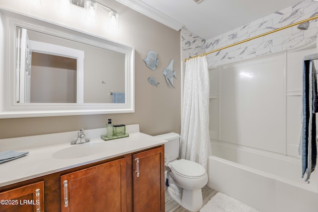 full bathroom with shower / tub combo, vanity, and toilet